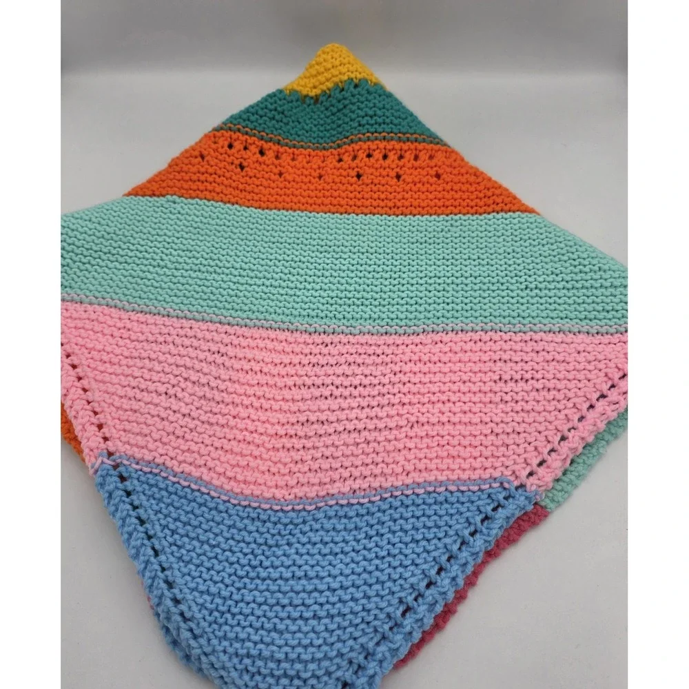 Handmade Crochet Baby Blanket Afghan Throw Rainbow Stripe Bright Colorful 32×30